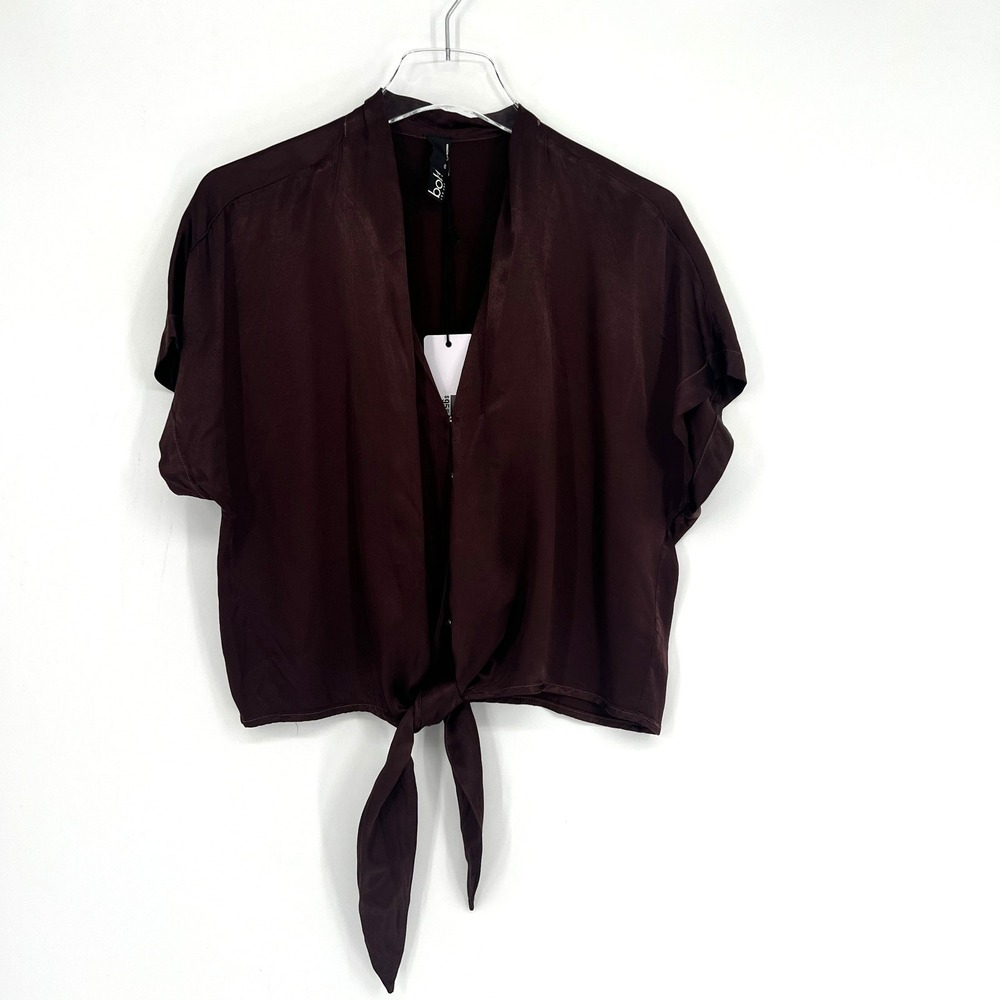 Bobi Top Womens XS Tie Wrap Brown Satin‎ Simple Basic Classic Western Country
